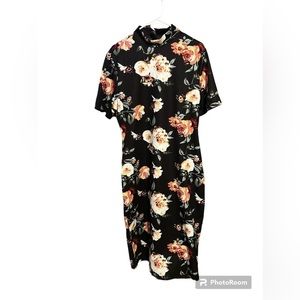 Shein Black Floral Mock Neck Pencil Dress